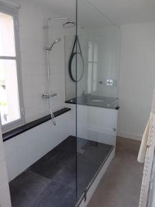 a glass shower in a bathroom with a sink at Superbe appartement proche des plages avec parking gratuit in Ramatuelle
