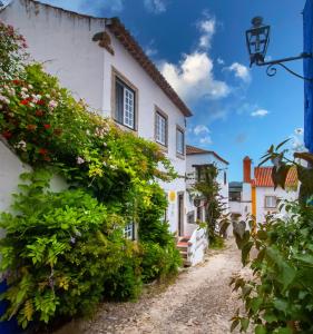 ein Haus mit Blumen an der Seite in der Unterkunft Casa da Travessa - Óbidos in Óbidos