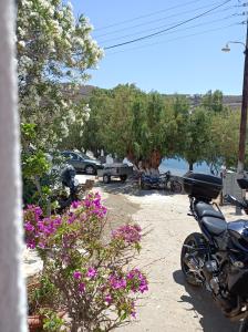 a motorcycle parked in a parking lot with flowers at Aelia Kithnos in Kithnos