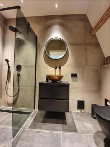 W łazience znajduje się umywalka i lustro. w obiekcie Super de luxe privékamer op een toplocatie - Room 1 w mieście Egmond aan Zee