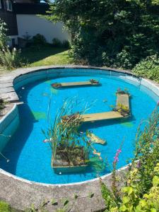 uma pequena piscina com água azul num quintal em Gemütliches Chalet an bester Lage em Jona