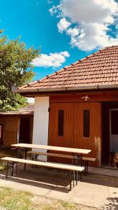 a wooden building with a picnic table in front of it at Henrietta Vendégház in Domoszló