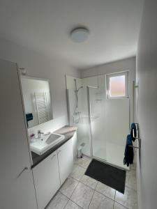 baño blanco con ducha y lavamanos en A L'orée des vignes, superbe logement de 80 m2, en Wangen