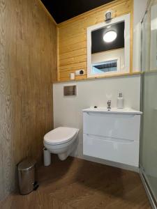 a bathroom with a toilet and a sink at Domek nad jeziorem Kisajno - Giżycko in Giżycko