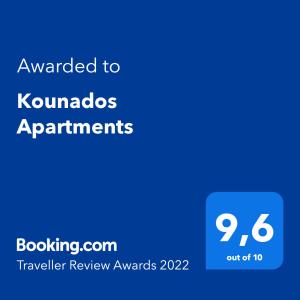 Πιστοποιητικό, βραβείο, πινακίδα ή έγγραφο που προβάλλεται στο Kounados Apartments 