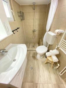 Un baño con un lavabo blanco y un inodoro. en Villa 56, en Constanţa