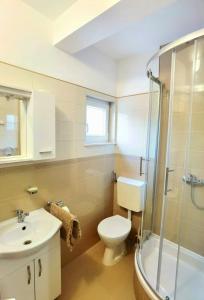 y baño con aseo, lavabo y ducha. en Holiday House GALEB- 20 Meters from Beach!! en Sevid