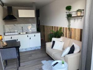 a living room with a couch and a kitchen at Casa Bianco in Koudekerke