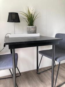 a black desk with two chairs and a potted plant at Casa Bianco in Koudekerke