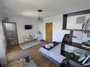 モスタルにあるLuna APARTMANIのベッドとテレビがあるホテルの部屋
