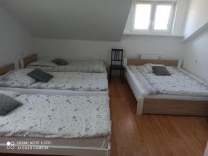 sypialnia z 2 łóżkami i oknem w obiekcie Zibi i Pod Topolami w Łazach