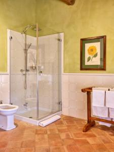 y baño con ducha, aseo y lavamanos. en Il Castello di Tassara, en Tassara
