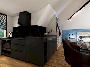 Sala de estar con cocina y dormitorio en Boutique Hotel OchSen, en Bad Ragaz