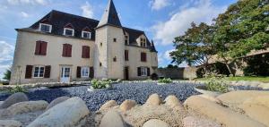 a large building with a tower on top of it at Gîte château d'Espalungue, piscine et SPA in Dognen