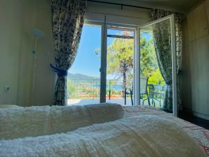 a bedroom with a bed and a large window at Villa Vision in Skala Potamias
