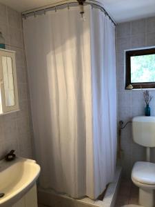 a bathroom with a shower curtain and a toilet at Authentic Vila Nona by NYC Interior Architect in Susak
