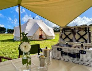 a table with two chairs and a tent in the grass at Hartridge Springs in Honiton