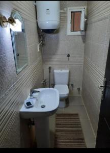 La salle de bains est pourvue d'un lavabo blanc et de toilettes. dans l'établissement nice holiday in Maadi, au Caire