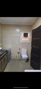 La petite salle de bains est pourvue de toilettes et d'un lavabo. dans l'établissement nice holiday in Maadi, au Caire