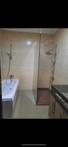 La salle de bains est pourvue d'une douche et d'un lavabo blanc. dans l'établissement nice holiday in Maadi, au Caire