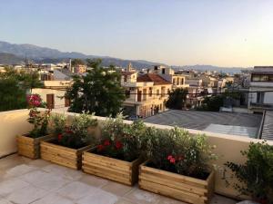 - un balcon avec 3 planteurs en bois remplis de fleurs dans l'établissement Canevaro Twins (South), à La Canée