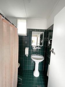 uma casa de banho com azulejos verdes, um lavatório e um espelho. em Hillview Motel em Goulburn
