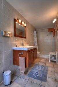 y baño con lavabo, espejo y bañera. en Rêves Gourmands, Hôtellerie & Gastronomie, en Vernayaz