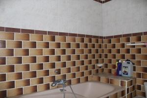 Holiday home Maison de la litiére في Pugny-Chatenod: حوض الاستحمام في الحمام مع جدران بنية البلاط