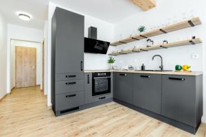 a kitchen with gray cabinets and a wooden floor at Apartmány Karlovy Dvory in Horní Planá