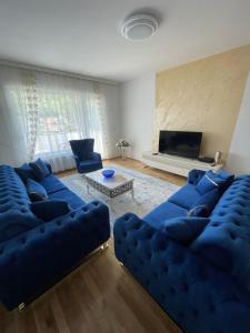 sala de estar con sofás azules y TV en Apartment Visoko, en Visoko