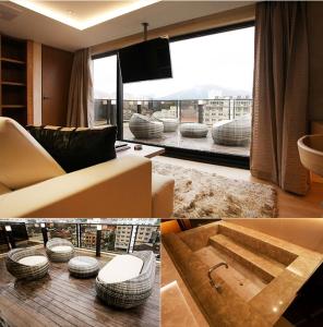 two pictures of a living room with a view at Jeju Cullinan Hotel in Jeju