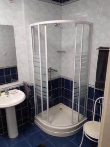 La salle de bains est pourvue d'une douche avec une porte en verre. dans l'établissement Gábor Pál 1 Apartman 1 szoba, à Dunaföldvár