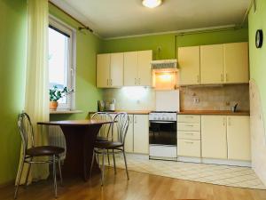 - une cuisine avec des murs verts, une table et des chaises dans l'établissement Festival Apartment, à Carolinensiel