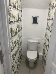 une petite salle de bains avec des toilettes et des plantes sur le mur. dans l'établissement Une ambiance cosy, à Nassandres