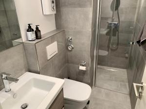 ein Bad mit einer Dusche, einem WC und einem Waschbecken in der Unterkunft Ferienwohnung "Fritz 17" in Sankt Peter-Ording