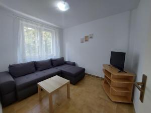 un salon avec un canapé bleu et une télévision dans l'établissement Violeta, à Crikvenica