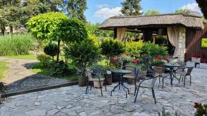 a patio with tables and chairs in a garden at Hotel Do Poduchy in Zawiercie