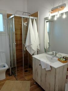 a bathroom with a shower and a sink and a mirror at Nerea in Ayia Evfimia