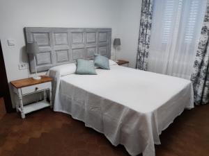 a bedroom with a large white bed with blue pillows at EL MOTIVO in Cercedilla