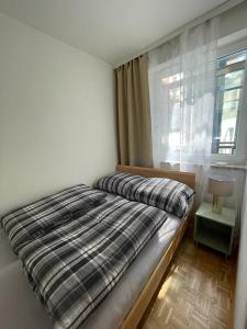 Bett in einem Schlafzimmer mit Fenster in der Unterkunft Zentrum & Schöne Terasse in Graz