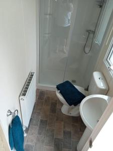 y baño con ducha, aseo y lavamanos. en New 2 bed holiday home with decking in Rockley Park Dorset near the sea, en Lytchett Minster