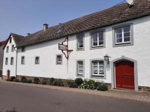 ein weißes Gebäude mit einer roten Tür und einem Basketballkorb in der Unterkunft Maternushof in Pomster