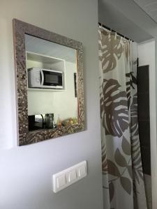 ein Badezimmer mit einem Spiegel und einer Mikrowelle in der Unterkunft Rava Lodge in Punaauia