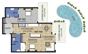 The floor plan of Salt&Pepper Sanctuary - Plunge Pool Resort Apartment by uHoliday - 2BR, 1BR and Studio Hotel Room configurations available
