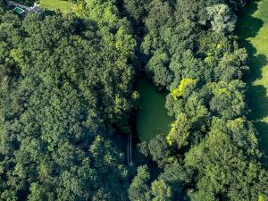 Vue aérienne d'une rivière au milieu d'une forêt dans l'établissement Domaine du Val Sauvage, à Langeais