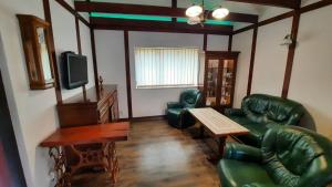 Dom wakacyjny Grabówka 18a في ميليتش: غرفة معيشة مع أثاث من الجلد الأخضر وتلفزيون بشاشة مسطحة