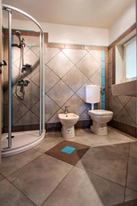 a bathroom with a toilet and a shower at La Marmote Albergo Diffuso di Paluzza Piles in Paluzza
