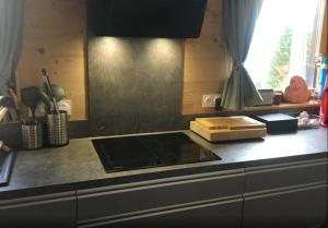 a kitchen with a stove and a counter top at Chalet de 4 chambres avec jardin et wifi a La Lechere a 1 km des pistes in La Léchère
