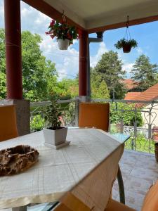 een tafel en stoelen op een patio met uitzicht bij Vila Ilidža in Banja Koviljača