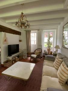 sala de estar con sofá y lámpara de araña en Maison de rêve avec piscine au milieu des vignes, en Berrie